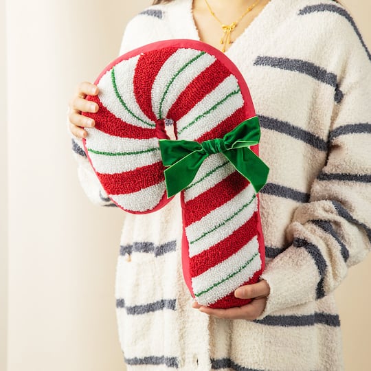 Glitzhome® 15.75" Hooked Christmas Candy Cane Pillow
